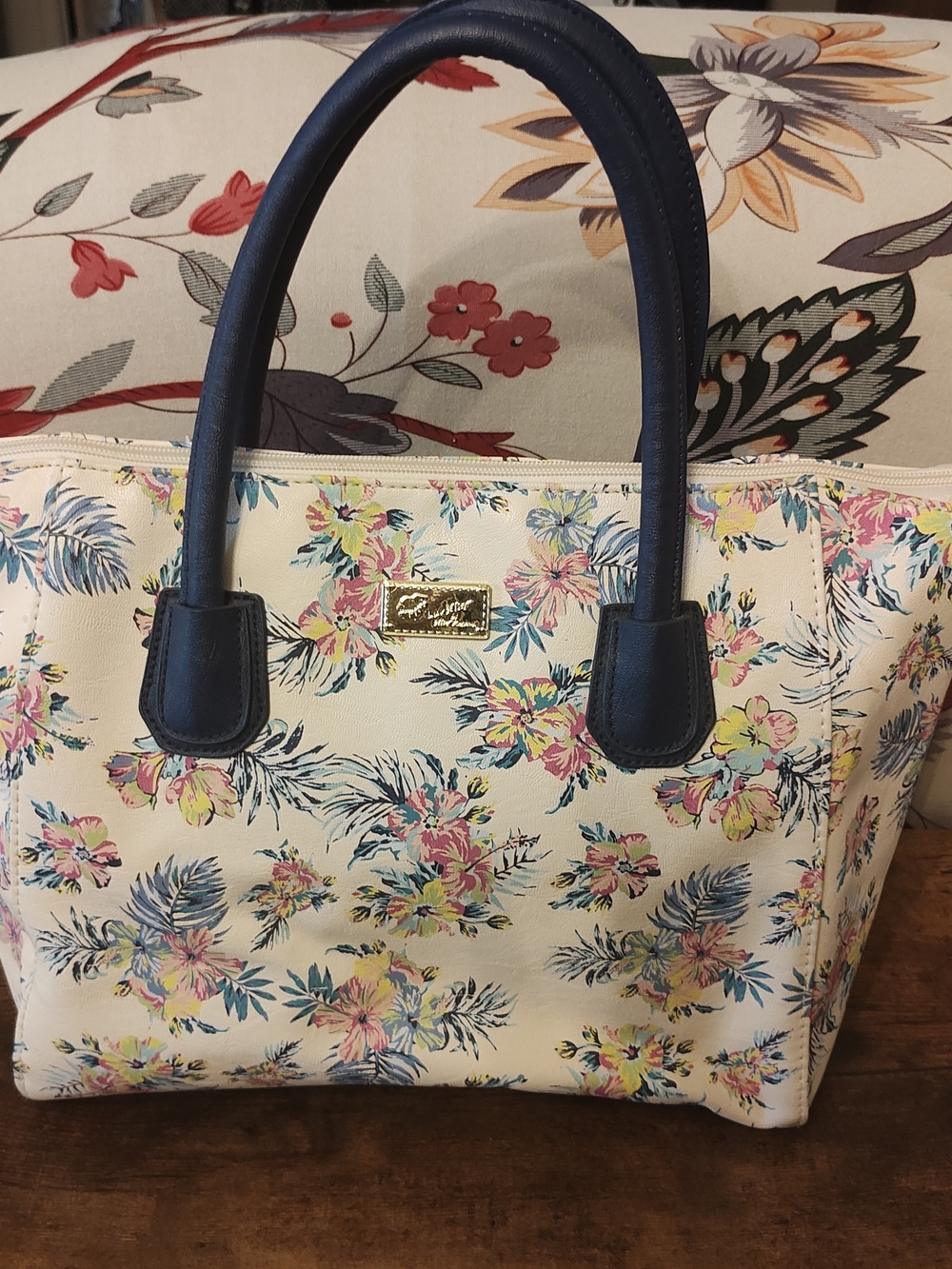 Betsey Johnson Navy & Cream Floral Tote with Gold Plaque